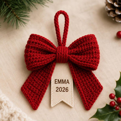 Personalized Crochet Bow Ornament, Custom Name Christmas Ornament, 2026 Christmas Keepsake, Handmade Bow Tree Decor, Family Holiday Gift