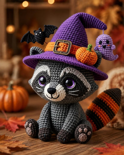 Crochet Witch Raccoon Amigurumi Plush, Halloween Raccoon with Witch Hat, Spooky Cute Ghost Bat Pumpkin Charm, Autumn Halloween Gift