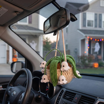 Handmade Crochet Ghost Car Charm with Mini Plant and Spooky Amigurumi Ghosts