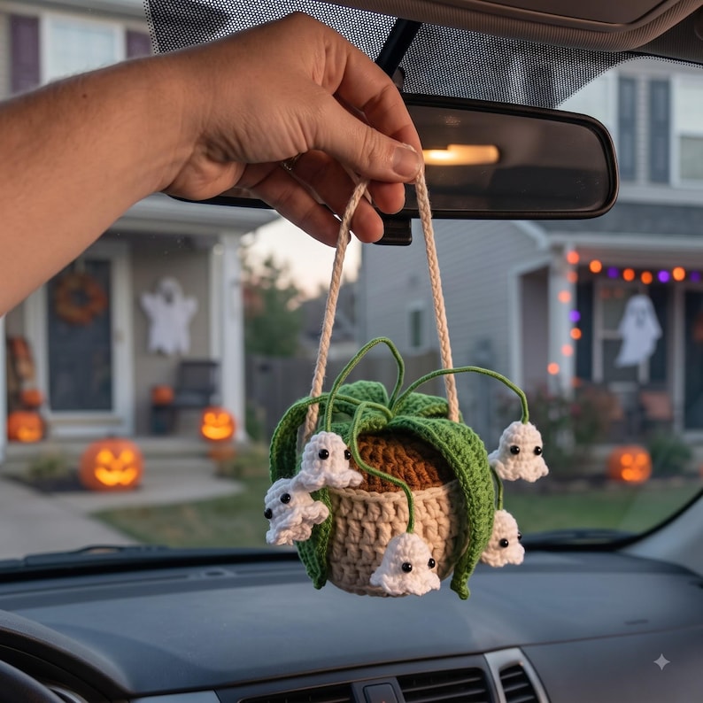 Handmade Crochet Ghost Car Charm with Mini Plant and Spooky Amigurumi Ghosts