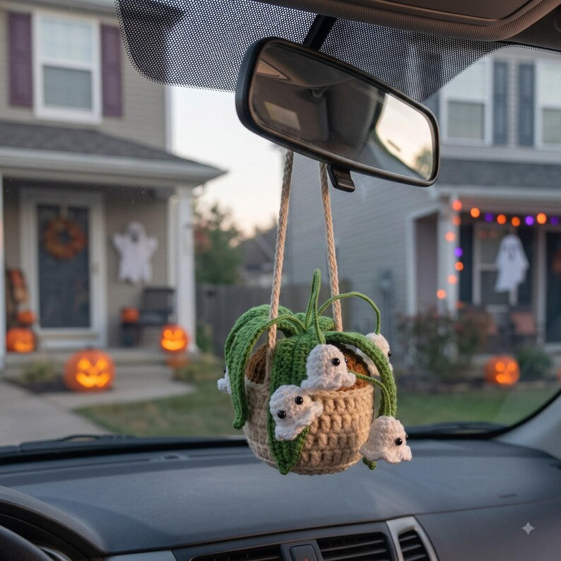 Handmade Crochet Ghost Car Charm with Mini Plant and Spooky Amigurumi Ghosts
