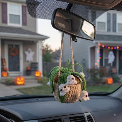 Handmade Crochet Ghost Car Charm with Mini Plant and Spooky Amigurumi Ghosts