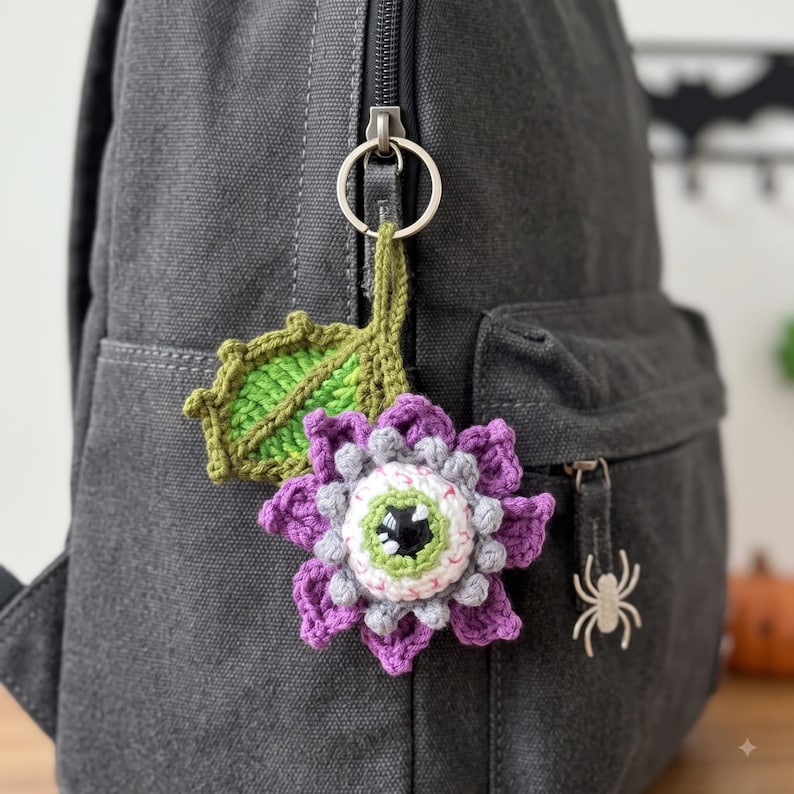 Spooky Eyeball Flower Crochet Keychain | Halloween Amigurumi Key Fob