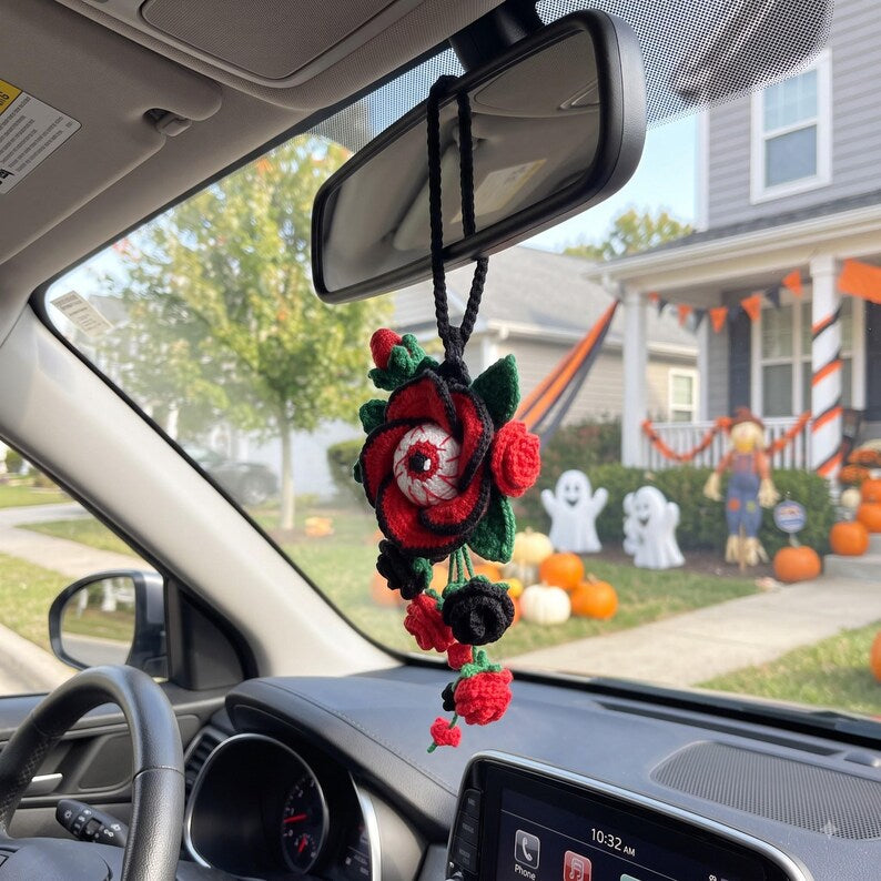 Hanmade Gothic Crochet Car Mirror Charm | Halloween Rose Eyeball Hanging Accessory