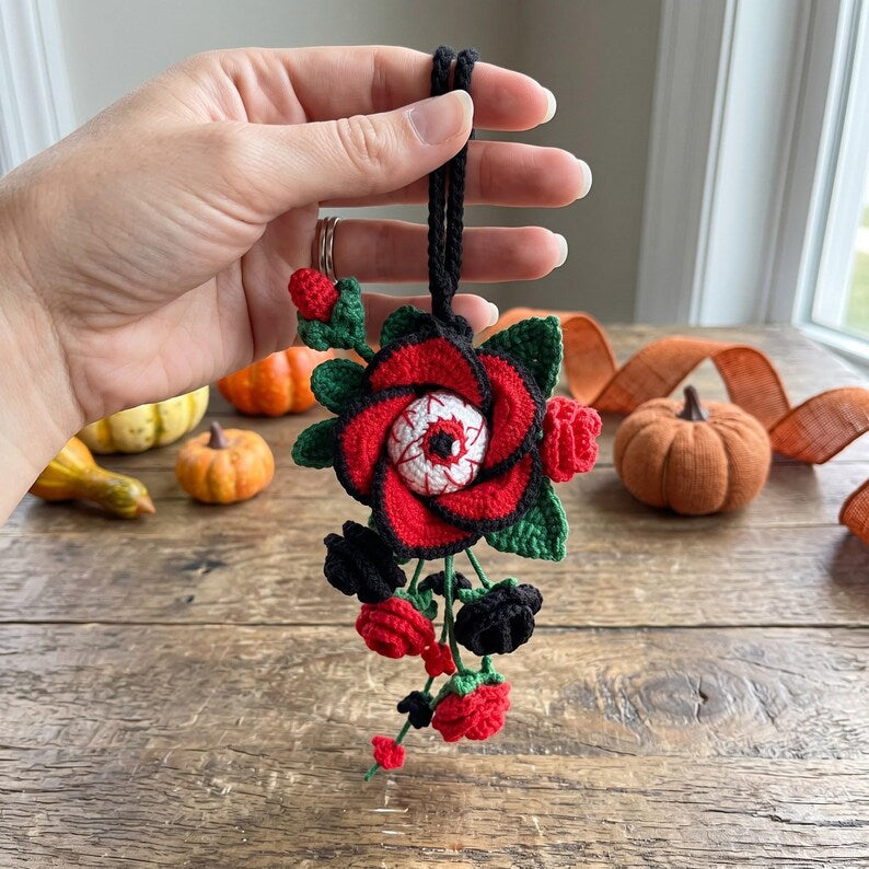 Hanmade Gothic Crochet Car Mirror Charm | Halloween Rose Eyeball Hanging Accessory