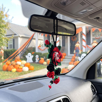 Hanmade Gothic Crochet Car Mirror Charm | Halloween Rose Eyeball Hanging Accessory