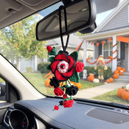 Hanmade Gothic Crochet Car Mirror Charm | Halloween Rose Eyeball Hanging Accessory