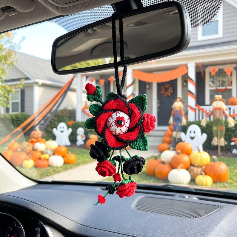 Hanmade Gothic Crochet Car Mirror Charm | Halloween Rose Eyeball Hanging Accessory