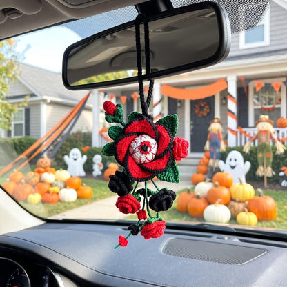 Hanmade Gothic Crochet Car Mirror Charm | Halloween Rose Eyeball Hanging Accessory