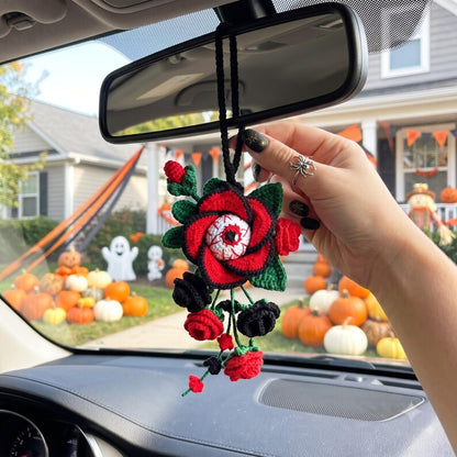 Hanmade Gothic Crochet Car Mirror Charm | Halloween Rose Eyeball Hanging Accessory