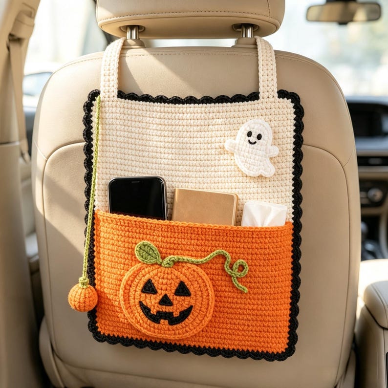 Handmade Crochet Halloween Car Seat Organizer, Multiple Spooky Designs, Cute Backseat Storage Bag, Fall & Halloween Gift for Car Lovers