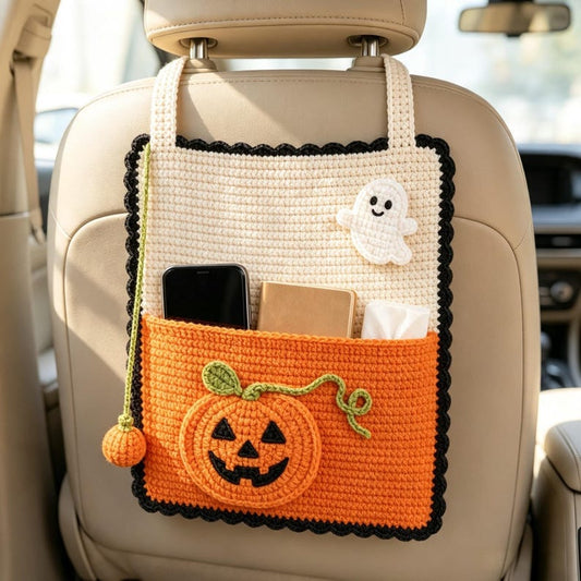 Handmade Crochet Halloween Car Seat Organizer, Multiple Spooky Designs, Cute Backseat Storage Bag, Fall & Halloween Gift for Car Lovers