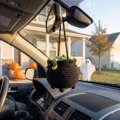 Handmade Crochet Halloween Cauldron Car Mirror Charm | Witch Cauldron Rearview Mirror Ornament