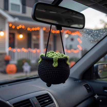 Handmade Crochet Halloween Cauldron Car Mirror Charm | Witch Cauldron Rearview Mirror Ornament