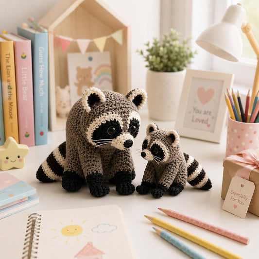 Crochet Raccoon Dad & Baby, Handmade Amigurumi Raccoon Family, Woodland Animal Decor, Father's Day Gift, Cute Desk Ornament