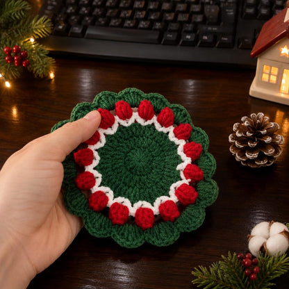 Christmas Wreath Crochet Coaster Set, Handmade Holiday Mug Rug, Table Decor, Housewarming Xmas Gift