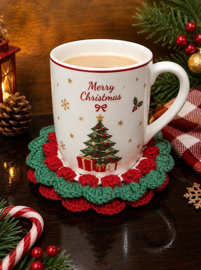 Christmas Wreath Crochet Coaster Set, Handmade Holiday Mug Rug, Table Decor, Housewarming Xmas Gift