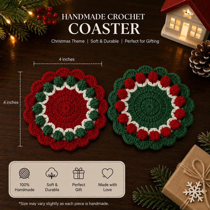 Christmas Wreath Crochet Coaster Set, Handmade Holiday Mug Rug, Table Decor, Housewarming Xmas Gift