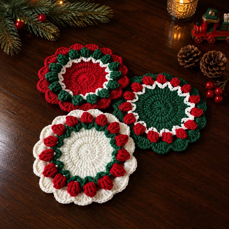 Christmas Wreath Crochet Coaster Set, Handmade Holiday Mug Rug, Table Decor, Housewarming Xmas Gift