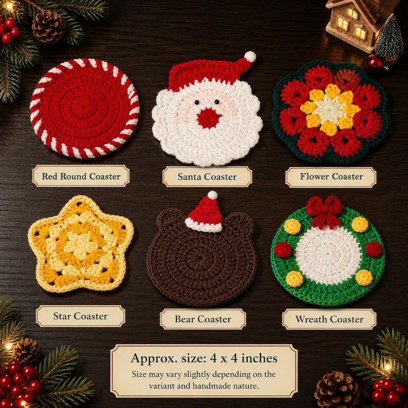 Crochet Christmas Coaster Set, Santa Wreath Candy Cane Star Bear, Handmade Holiday Mug Rug, Christmas Table Decor, Housewarming Gift for Her