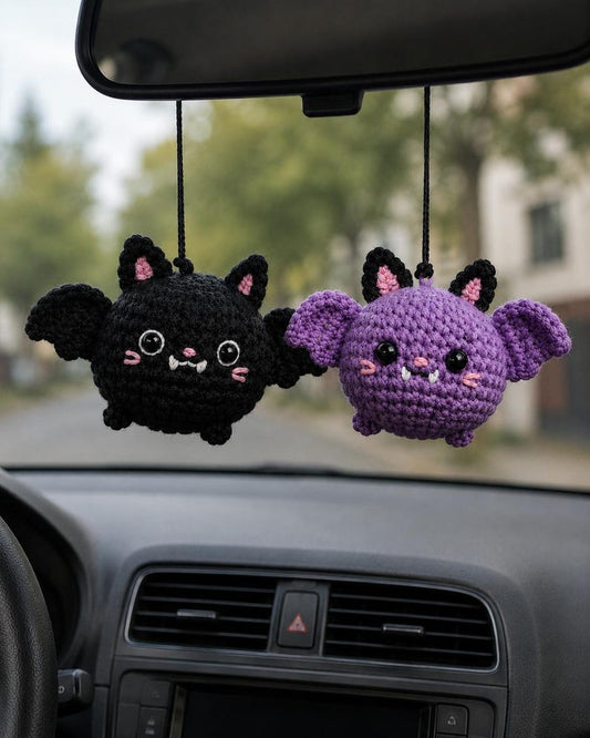 Crochet Bat Car Rearview Mirror Hanging Ornament Pair, Black and Purple Cute Spooky Car Accessories, Handmade Amigurumi Bats Decor