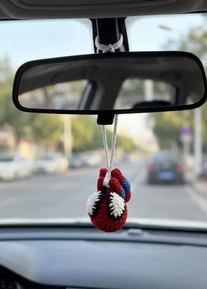 Crochet Spider Hero Car Mirror Hanging | Handmade Amigurumi Superhero Car Charm, Rearview Mirror Ornament, Gift for Comic Fans