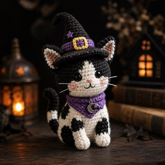 Handmade Crochet Witch Cat Amigurumi, Halloween Bat Kitten Plush, Spooky Halloween Decor, Witchy Cat Lover Gift, Cute Fall Home Decor