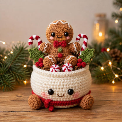 Crochet Christmas Pot Decor, Christmas Tree Candy Cane Gingerbread Snowman Amigurumi, Holiday Desk Decor, Handmade Christmas Gift