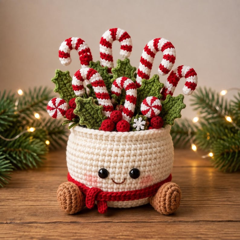 Crochet Christmas Pot Decor, Christmas Tree Candy Cane Gingerbread Snowman Amigurumi, Holiday Desk Decor, Handmade Christmas Gift