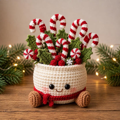 Crochet Christmas Pot Decor, Christmas Tree Candy Cane Gingerbread Snowman Amigurumi, Holiday Desk Decor, Handmade Christmas Gift
