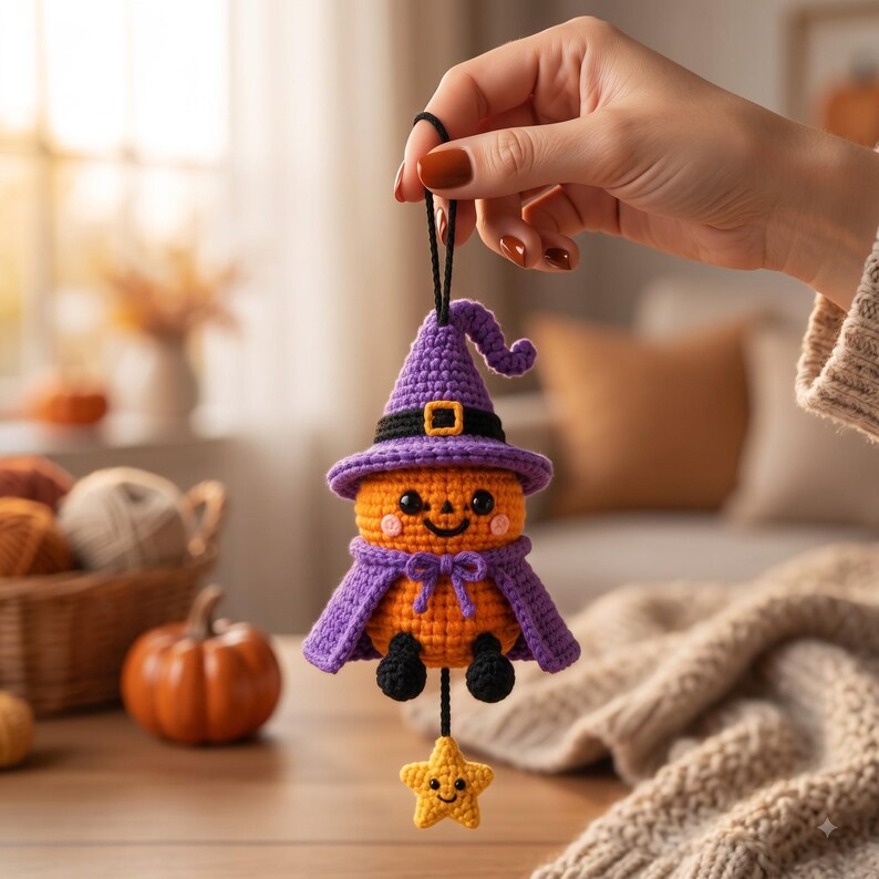 Crochet Halloween Pumpkin Car Charm | Witch Hat Amigurumi Rearview Mirror Ornament