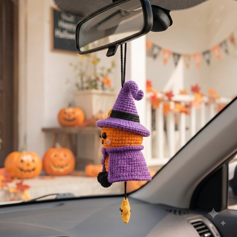 Crochet Halloween Pumpkin Car Charm | Witch Hat Amigurumi Rearview Mirror Ornament