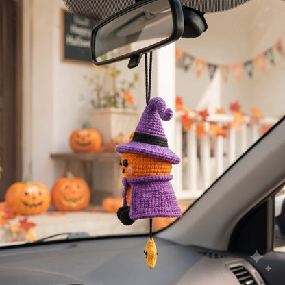 Crochet Halloween Pumpkin Car Charm | Witch Hat Amigurumi Rearview Mirror Ornament