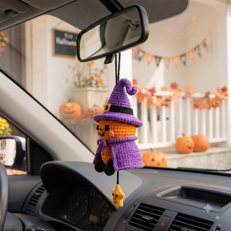 Crochet Halloween Pumpkin Car Charm | Witch Hat Amigurumi Rearview Mirror Ornament