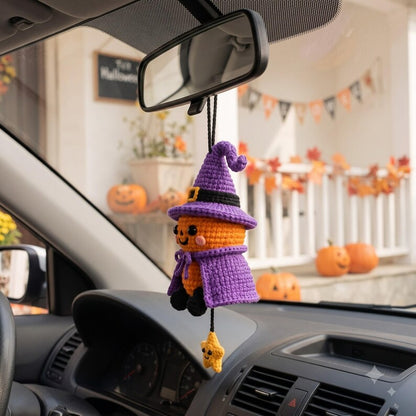 Crochet Halloween Pumpkin Car Charm | Witch Hat Amigurumi Rearview Mirror Ornament