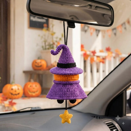 Crochet Halloween Pumpkin Car Charm | Witch Hat Amigurumi Rearview Mirror Ornament