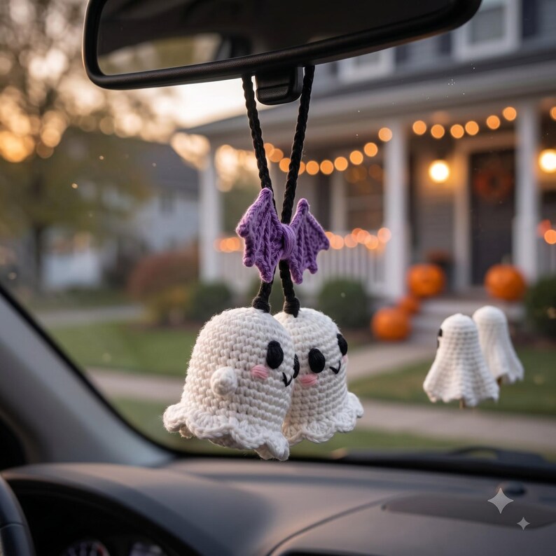 Crochet Ghost Car Charm | Kawaii Halloween Rearview Mirror Hanging