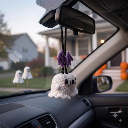 Crochet Ghost Car Charm | Kawaii Halloween Rearview Mirror Hanging