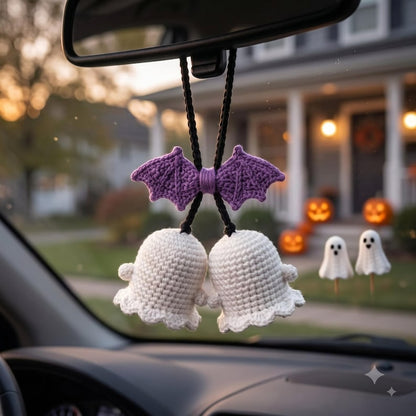 Crochet Ghost Car Charm | Kawaii Halloween Rearview Mirror Hanging
