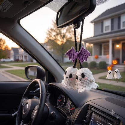 Crochet Ghost Car Charm | Kawaii Halloween Rearview Mirror Hanging