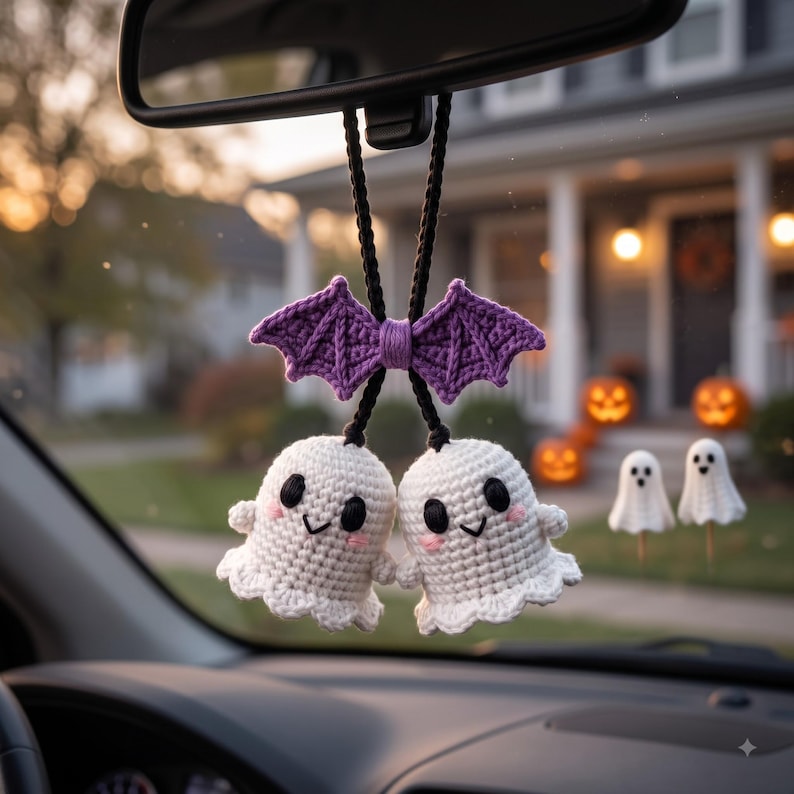 Crochet Ghost Car Charm | Kawaii Halloween Rearview Mirror Hanging