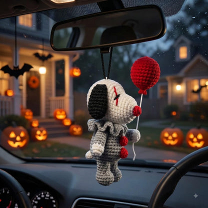 Crochet Pennywise Car Charm | Horror Clown Rearview Mirror Ornament | Halloween Amigurumi Hanging Decor Gift