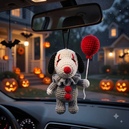 Crochet Pennywise Car Charm | Horror Clown Rearview Mirror Ornament | Halloween Amigurumi Hanging Decor Gift