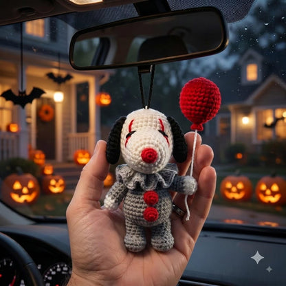 Crochet Pennywise Car Charm | Horror Clown Rearview Mirror Ornament | Halloween Amigurumi Hanging Decor Gift