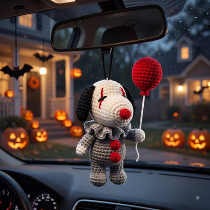 Crochet Pennywise Car Charm | Horror Clown Rearview Mirror Ornament | Halloween Amigurumi Hanging Decor Gift