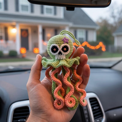 Crochet Skull Octopus Car Charm | Spooky Cute Rearview Mirror Hanging