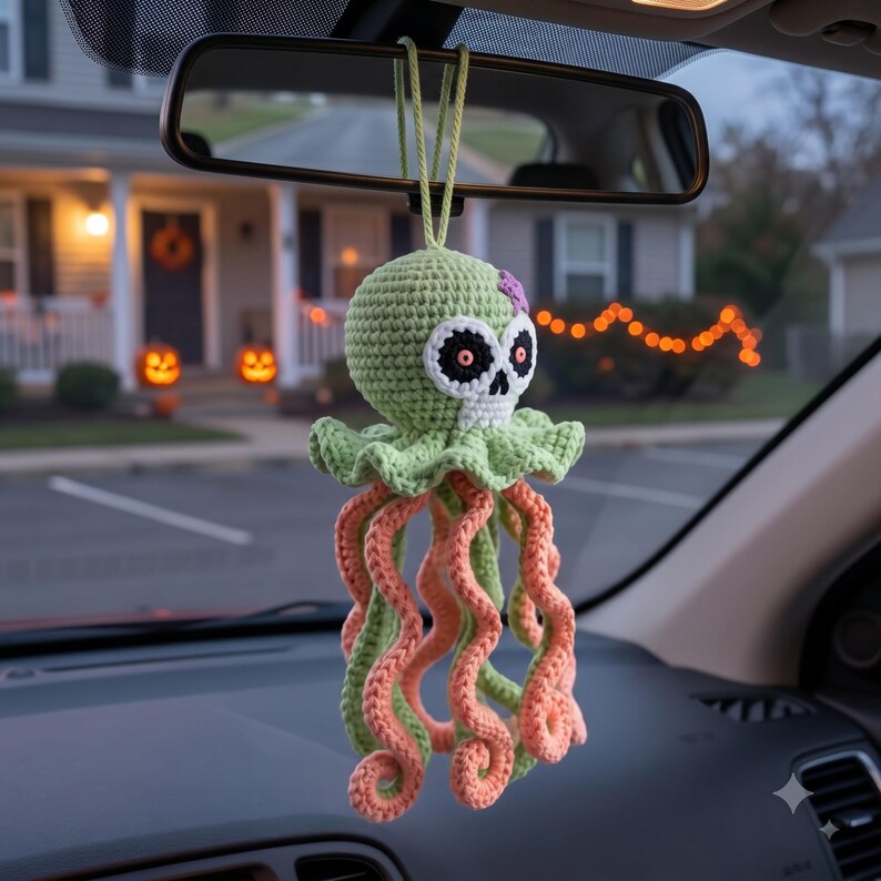 Crochet Skull Octopus Car Charm | Spooky Cute Rearview Mirror Hanging