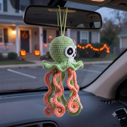 Crochet Skull Octopus Car Charm | Spooky Cute Rearview Mirror Hanging