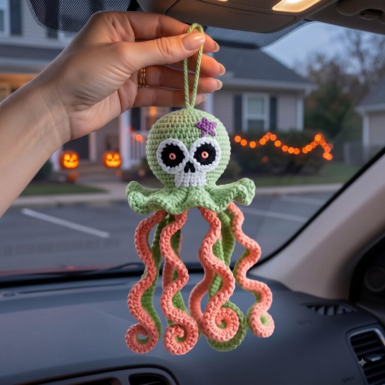 Crochet Skull Octopus Car Charm | Spooky Cute Rearview Mirror Hanging