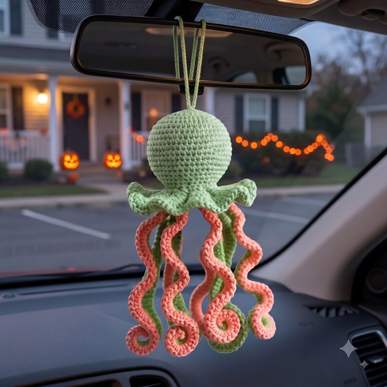 Crochet Skull Octopus Car Charm | Spooky Cute Rearview Mirror Hanging